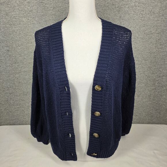 LOFT WOMEN'S NAVY BLUE KNIT BUTTON CARDIGAN – SIZE XS – COTTON BLEND – TEXTURED - Picture 9 of 13